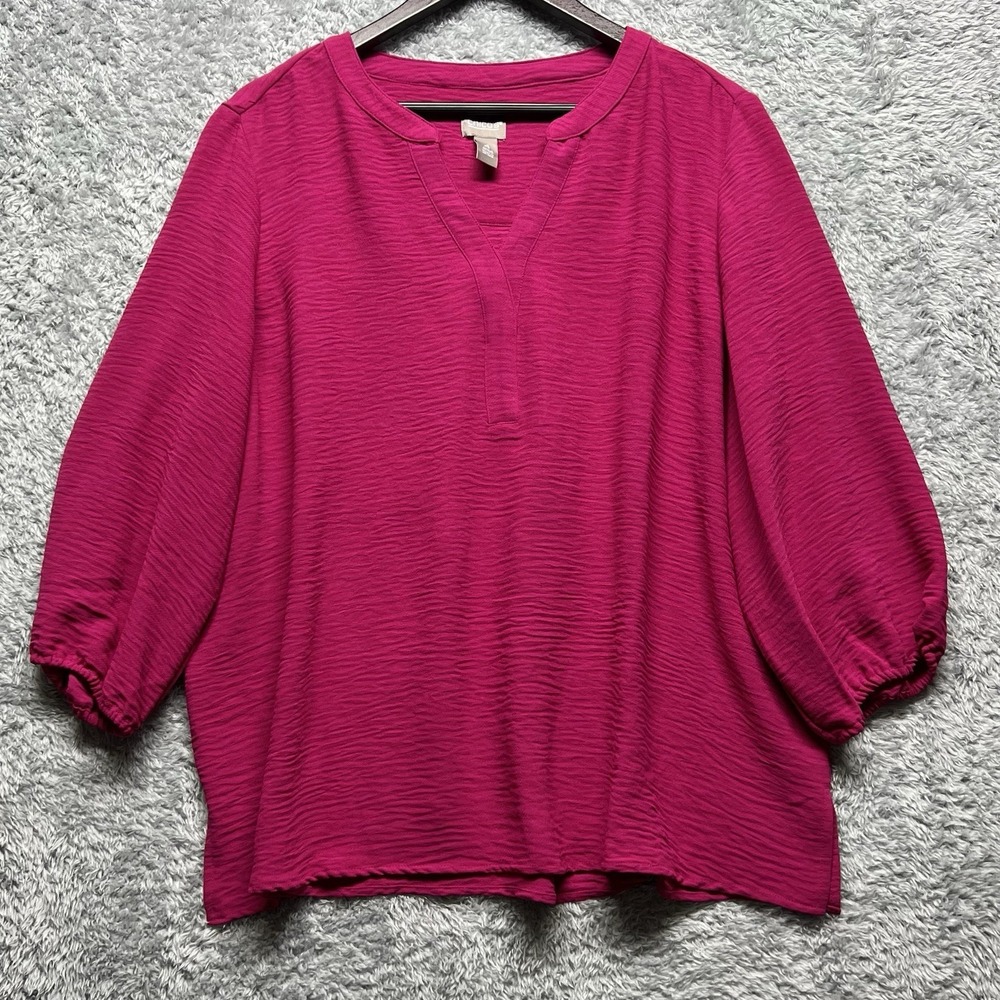 Chicos Top Women 4 US XXL 20 Pink V Neck 3/4‎ Sleeve Pullover Blouse